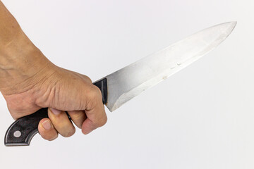 Hand holding a knife on a white background, closeup of photo