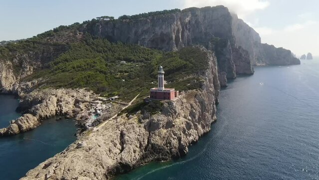 Aerial video of the lighthouse Faro di Punta Carena on the island of Capri