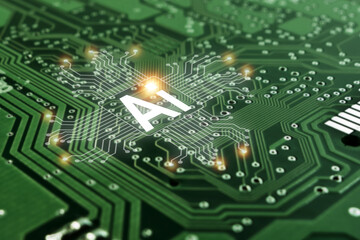Computer motherboard components printed circuit board with augmented reality graphics showing chip...