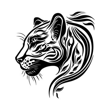 A fierce panther head in tribal tattoo style, depicted in black and white line art Hand drawn illustration