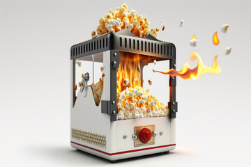 Burning Popcorn Maker On A White Background . Generative AI