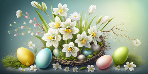 Fototapeta na wymiar Springtime Easter Background with Blooming Flowers and Eggs – Professional