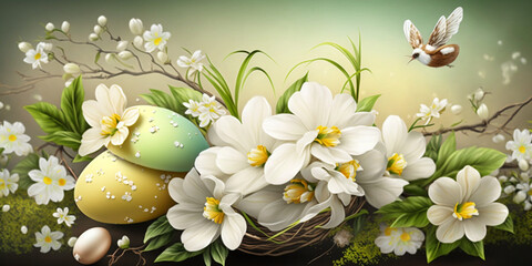 Springtime Easter Background with Blooming Flowers and Eggs – Professional