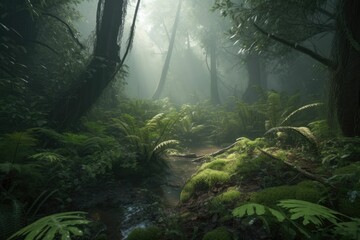 misty forest in the morning. Generative AI