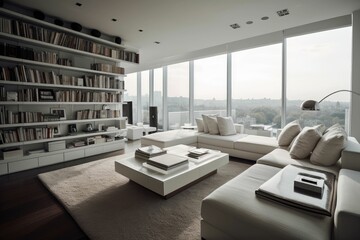 white modern living room with bookshelves. Generative AI