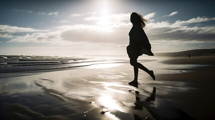 A woman walking on a sunny beach