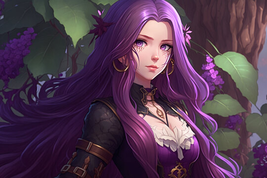 Long Purple Haired Woman Anime Girl, Plants,, Manga Style, Generative IA