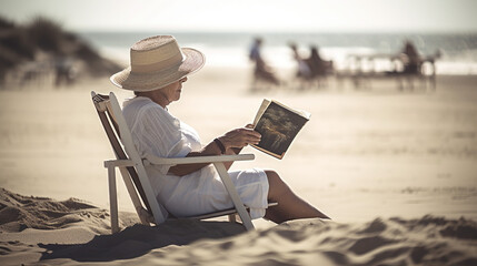 A woman reading a book on a sunny beach