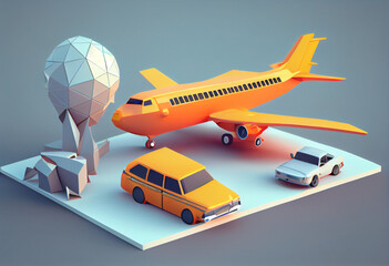 A low poly geometry background featuring abstract airplane  The geometric shapes and bright colors make for a striking image.