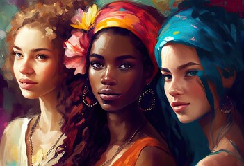 Obraz premium Group of Happy Women in Watercolor Style Illustration. Generative AI.