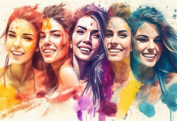 Group of Happy Women in Watercolor Style Illustration. Generative AI.