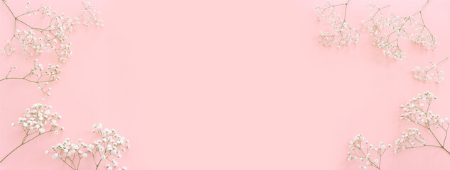 Top view of small white gypsophila flowers over pastel pink background