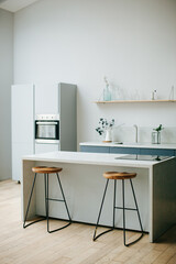 Modern kitchen interior in scandinavian style and gray tones. Kitchen island and bar stool.