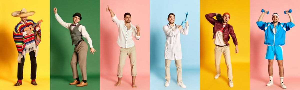 Collage. Set of full-length images of young handsome man posing in different clothes and life situations against multicolored background. Concept of occupation, emotions, lifestyle, fashion.