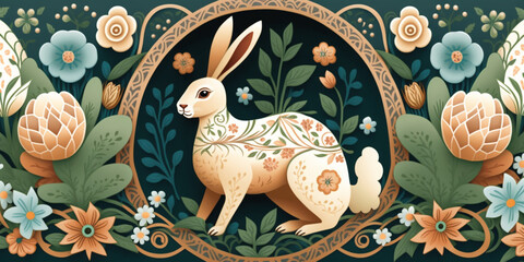 Sweet Easter Bunny Background with Traditional Floral Patterns &ndash; Professional