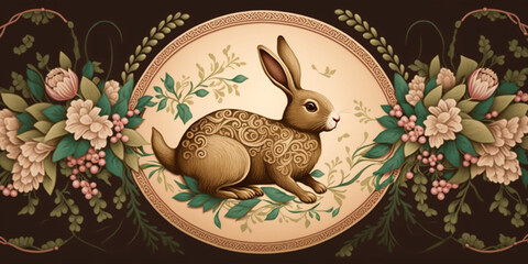 Sweet Easter Bunny Background with Traditional Floral Patterns &ndash; Professional