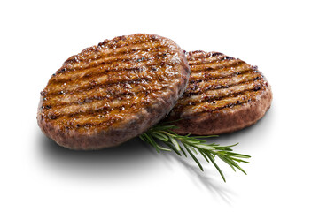 Pair of grilled beef burgers with rosemary