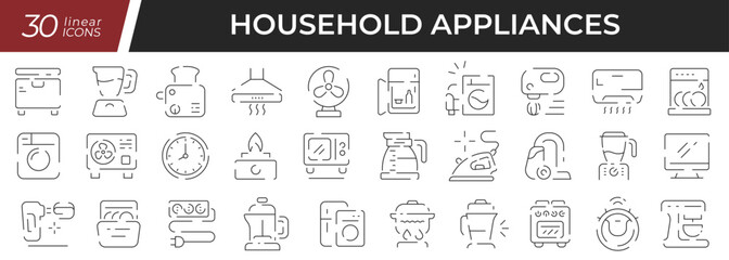 Fototapeta na wymiar Household linear icons set. Collection of 30 icons in black