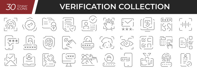 Verification linear icons set. Collection of 30 icons in black
