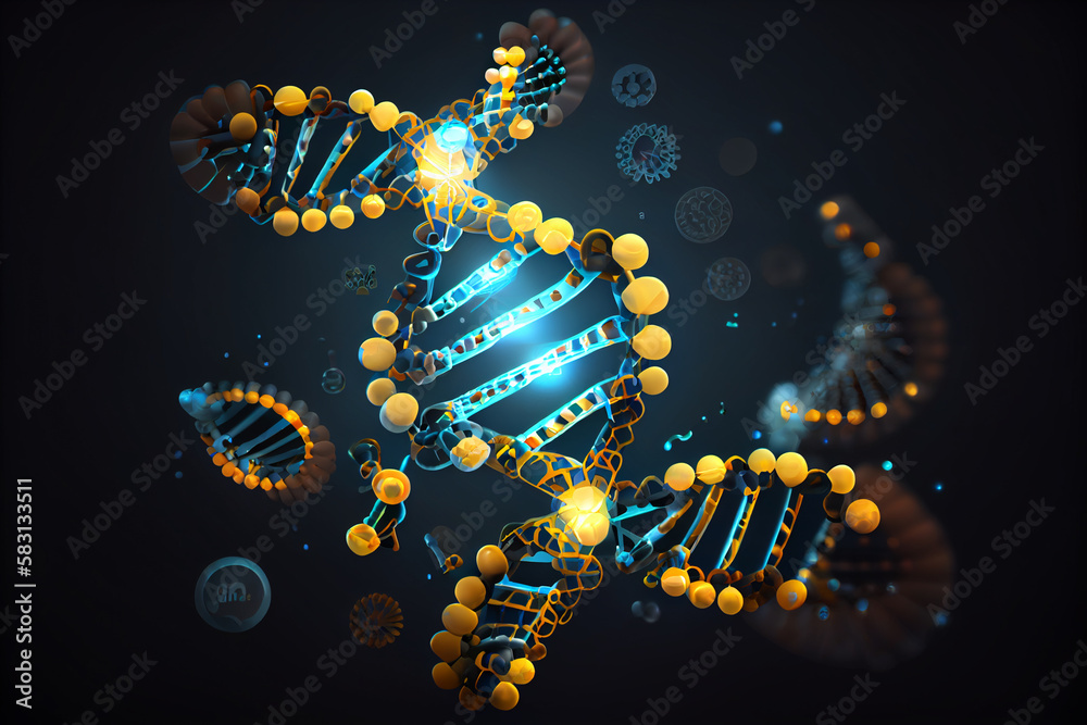 Poster Beautiful red, green DNA molecule with yellow light symbol icons on a blue background Generative AI technology