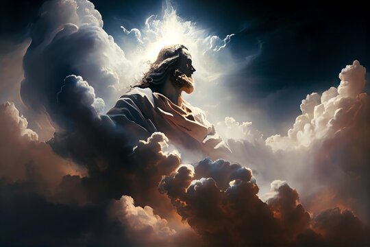 Jesus Christ, God, in the clouds, surrounded by clouds, Second Coming of Christ, Christian illustration.
