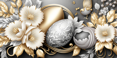 Timeless Floral Easter Background with Gold and Silver Accents &ndash; Professional