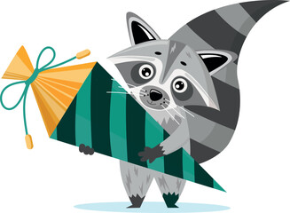 Back to school. Cartoon cute racoon goes to school with school cone. Vector illustration.