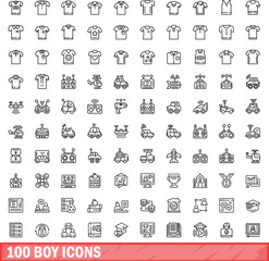 100 boy icons set. Outline illustration of 100 boy icons vector set isolated on white background
