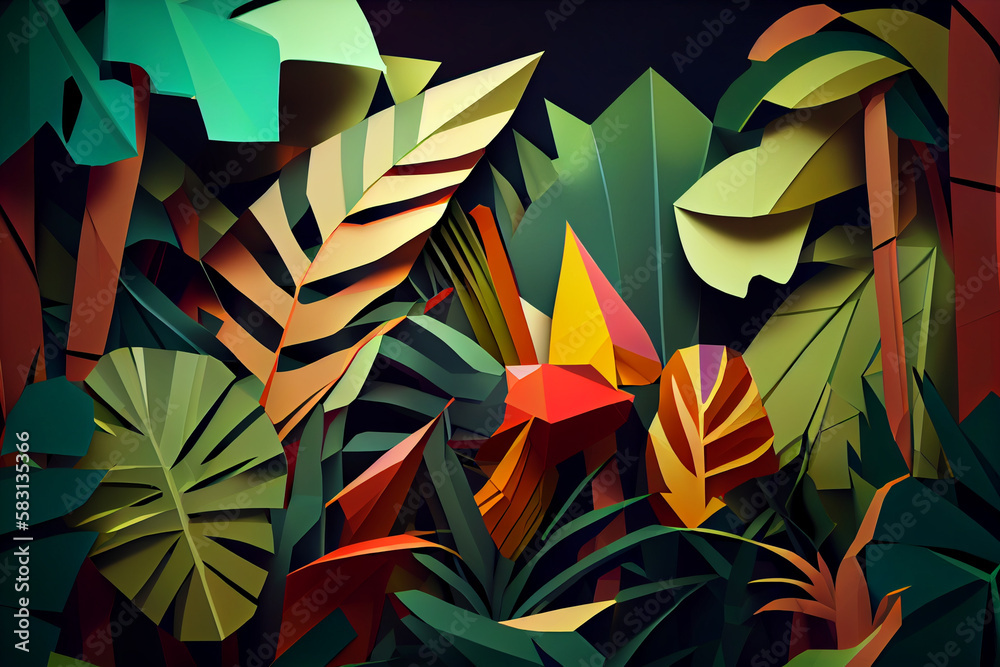 Poster Jungle: An abstract low poly geometry background featuring a jungle scene. Generative AI technology.