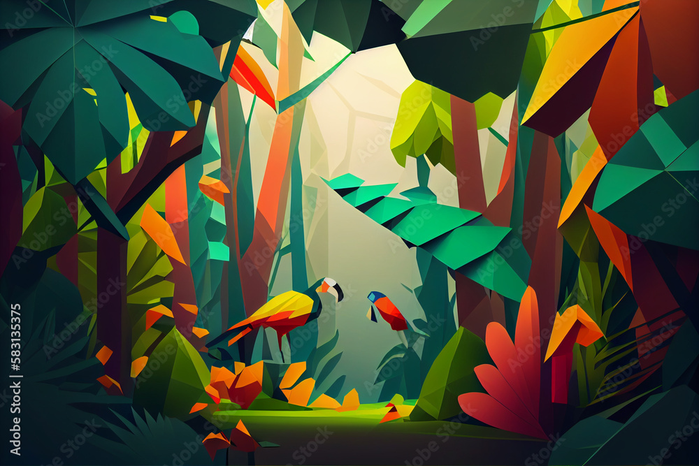Poster Jungle: An abstract low poly geometry background featuring a jungle scene. Generative AI technology.