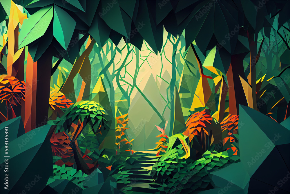Poster Jungle: An abstract low poly geometry background featuring a jungle scene. Generative AI technology.