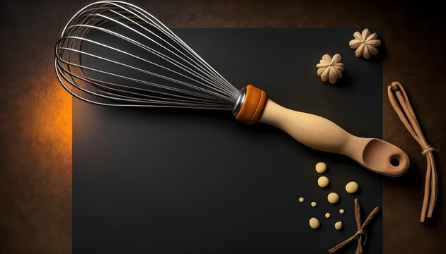 Background of a egg beater, fouet. Wallpaper illustration. Top view and flat lay with copy space for text information or content. Concept of cook, International Chefs Day. Generative AI.