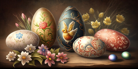 Traditional Easter Background with Hand-Painted Easter Elements &ndash; Professional