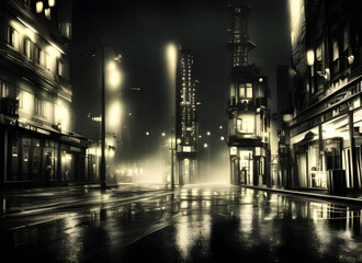 Fototapeta na wymiar vintage style film noire style image of a rainy city street at night with lights from the buildings reflected in the wet road
