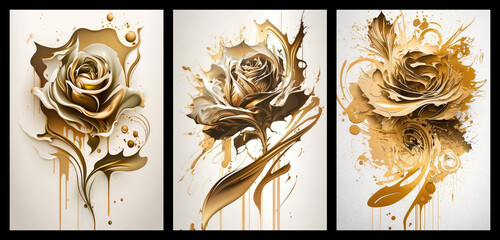 Set of golden floral art posters, gold rose on white background abstract concept art, generative ai	 - obrazy, fototapety, plakaty