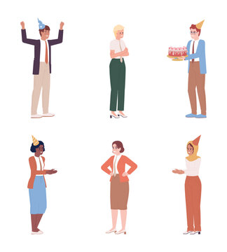 Celebrating coworker birthday at work semi flat color vector characters pack. Editable full body people on white. Simple cartoon style spot illustration bundle for web graphic design and animation