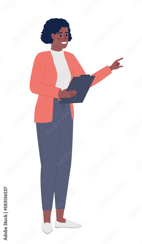 Sticker Female supervisor with clipboard semi flat color vector character. Editable figure. Full body person on white. Simple cartoon style spot illustration for web graphic design and animation