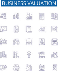 Business valuation line icons signs set. Design collection of Valuation, Business, Asset, Liability, Cashflow, Equity, Profit, Market outline concept vector illustrations