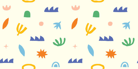 Abstract modern art seamless pattern with colorful freehand doodles. Organic flat cartoon background, simple summer shapes in bright childish colors. 
