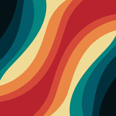 Multicolored retro style waves geometrical pattern illustration with orange, red, beige, blue and turquoise wavy stripes decoration on dark blue background - 583136984