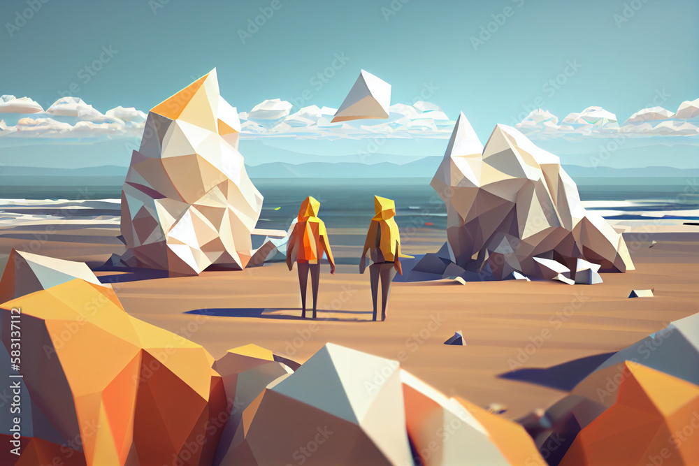 Poster a low poly geometric beach scene with a couple holding hands and walking along the shoreline generat