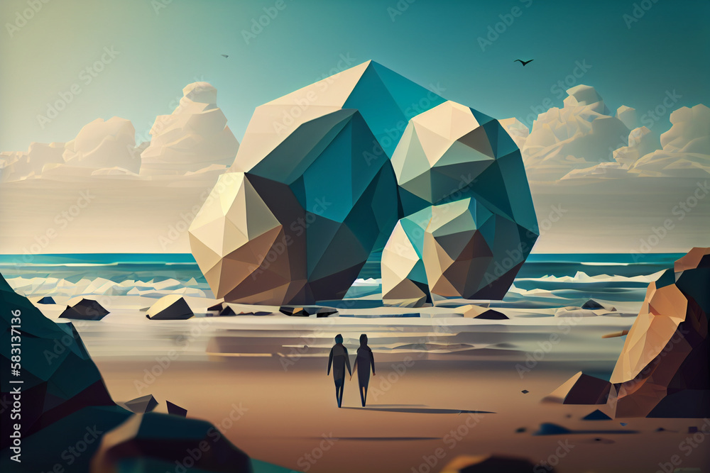 Poster a low poly geometric beach scene with a couple holding hands and walking along the shoreline generat