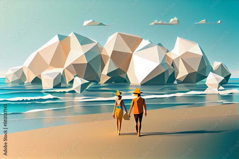 Poster a low poly geometric beach scene with a couple holding hands and walking along the shoreline generat