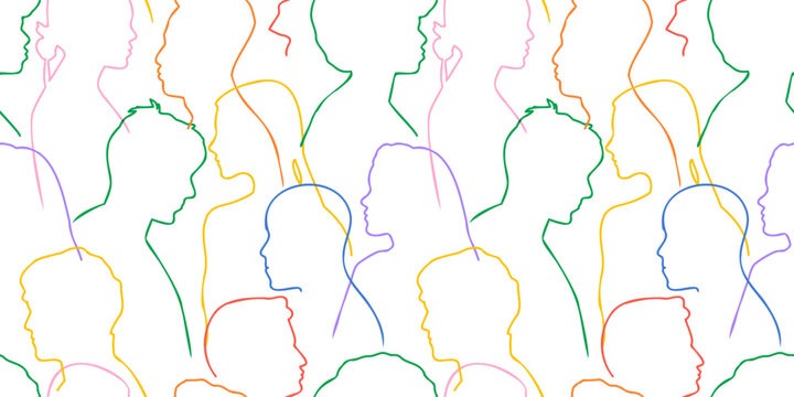 Colorful people crowd silhouette abstract art seamless pattern. Multi-ethnic community, cultural diversity group wallpaper background, diverse crowd drawing illustration print.