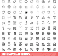 100 carnival icons set. Outline illustration of 100 carnival icons vector set isolated on white background