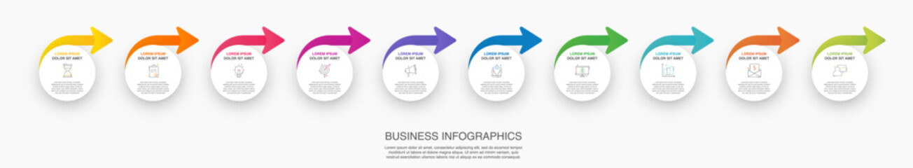Business vector infographics with 10 circles and arrows. Timeline visualization with ten steps for diagram, flowchart, banner, presentations, web, content, levels, chart, graphic