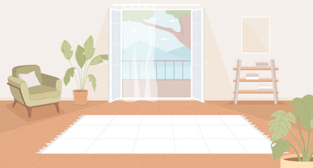 Spacious living room with yoga blanket flat color vector illustration. Spare room for meditation. Fully editable 2D simple cartoon interior with patio doors and beige pastel walls on background