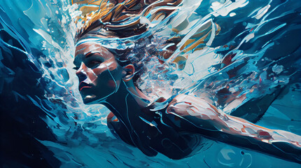 Young adult woman swimming in blue underwater paradise ,generative AI