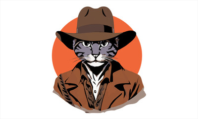 funny kitten cat cowboy with fedora  hat dressed as Indiana Jones vector illustration - 583138386