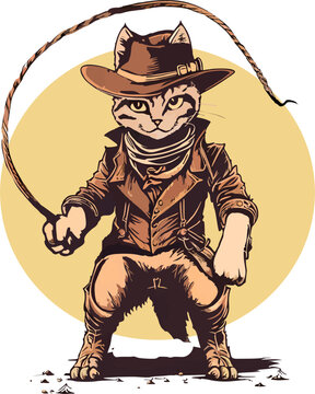 funny kitten cat cowboy with fedora  hat dressed as Indiana Jones vector illustration